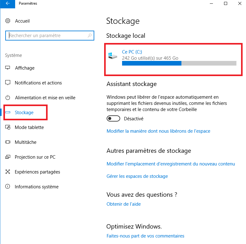 1-afficher les paramètres de stockage dans Windows 10